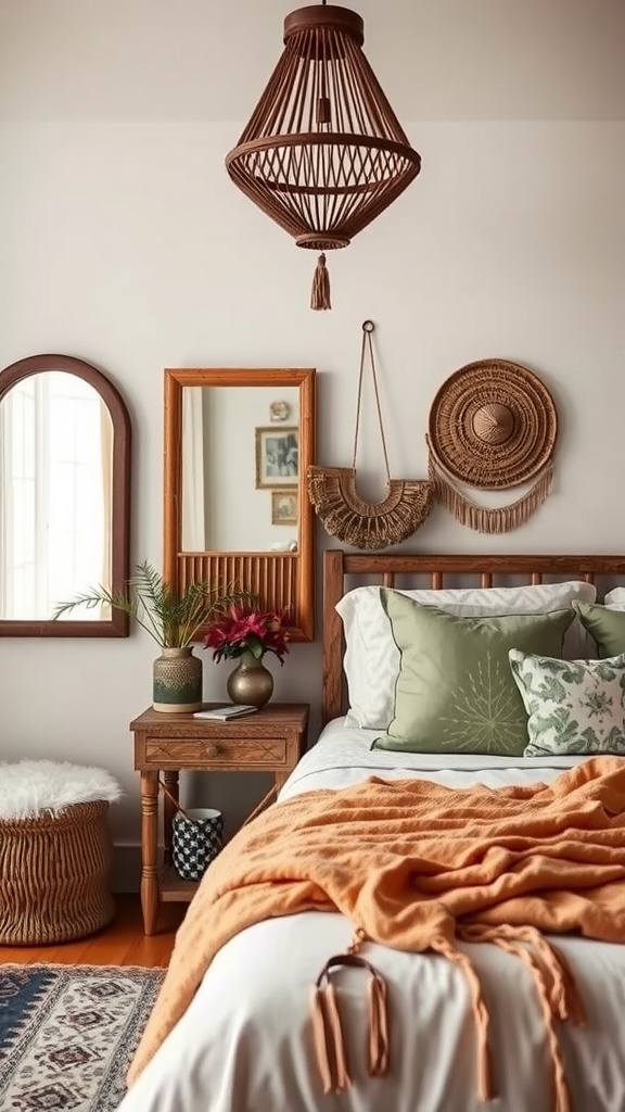 A cozy boho bedroom featuring large mirrors, natural decor, and warm sunlight.