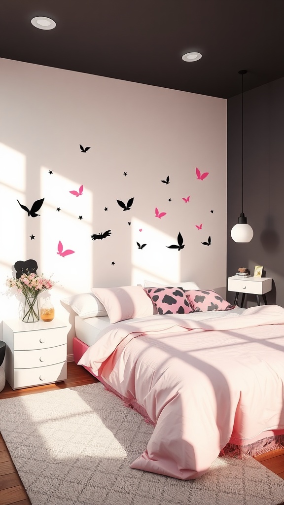 Pink and black bedroom with butterfly wall decals