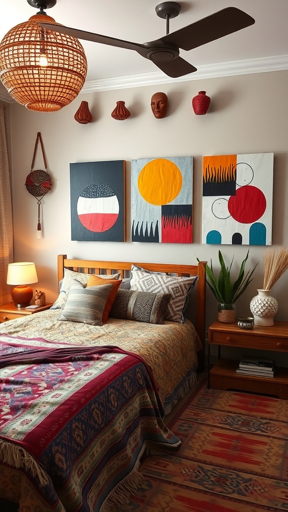 A culturally inspired bedroom featuring intricate textiles, artwork, and pottery.