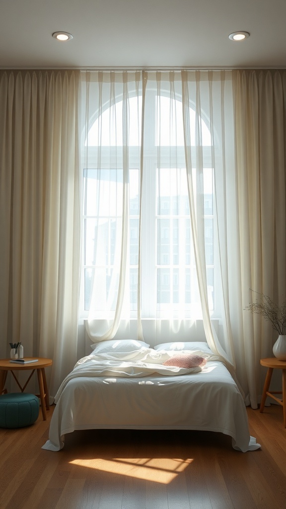 A bright bedroom with sheer curtains allowing sunlight to filter through, highlighting a cozy bed and simple decor.