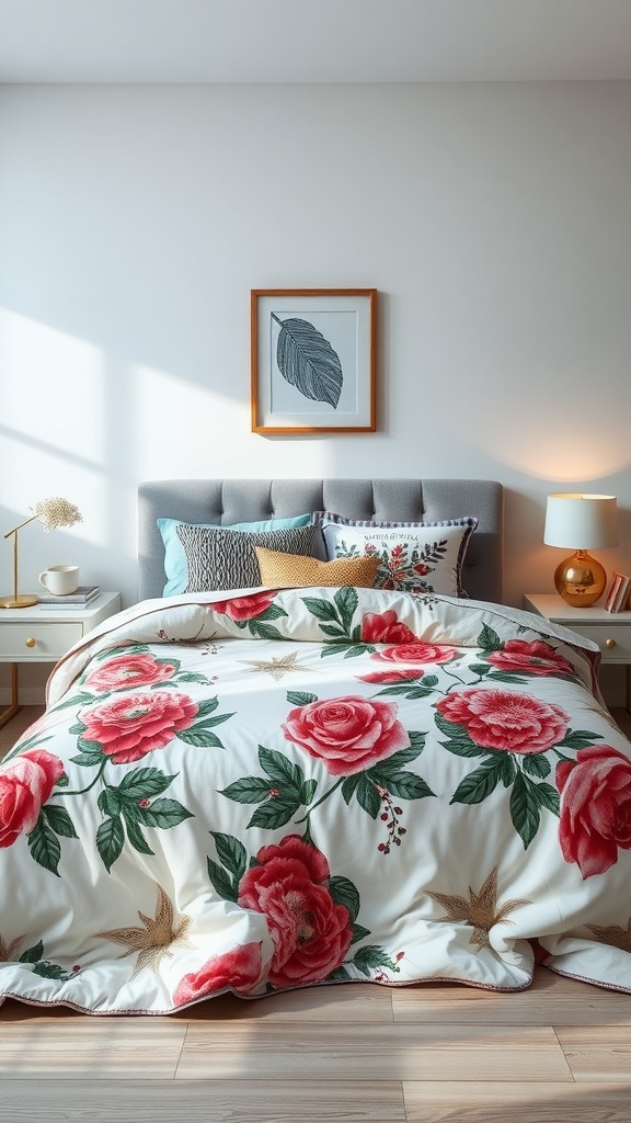 A beautifully decorated bed with a floral bedspread featuring roses and greenery, complemented by patterned pillows.