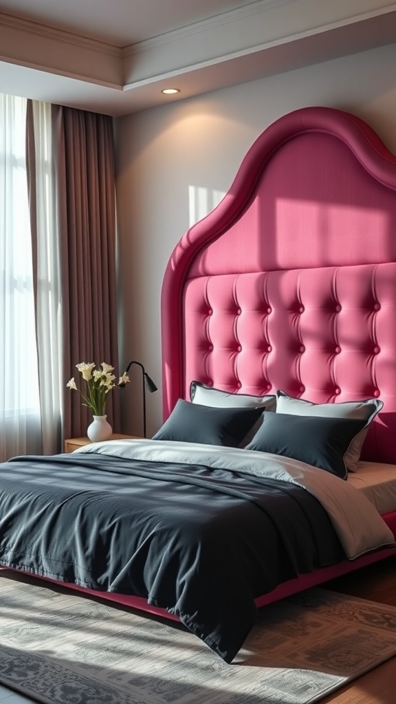 A pink tufted headboard in a bedroom with black bedding.