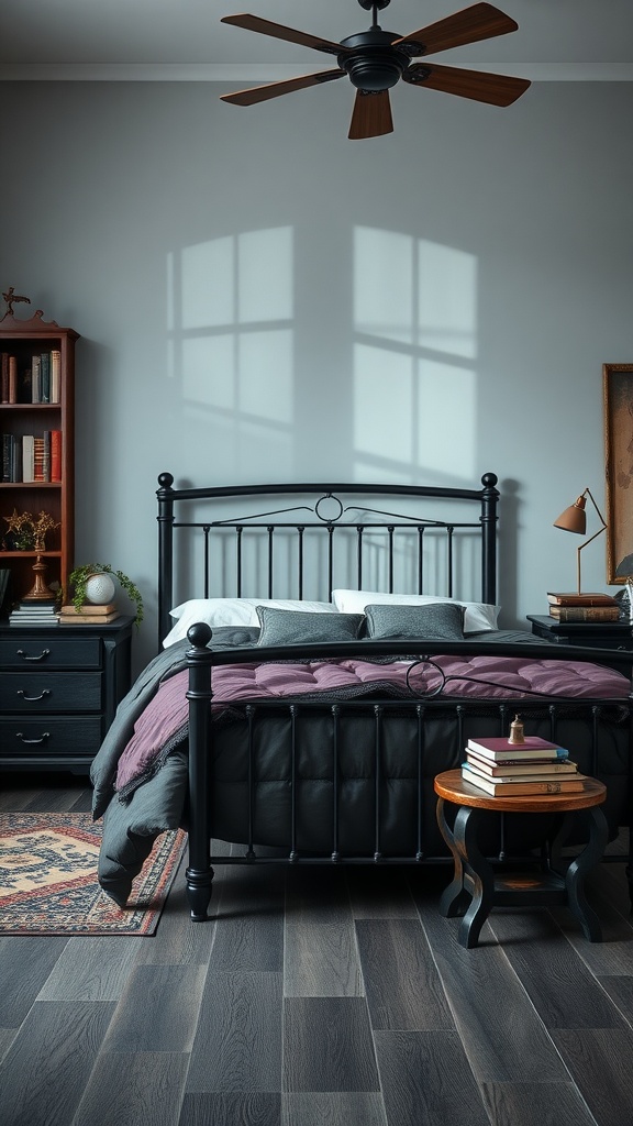 A cozy bedroom with a black bedframe, dark bedding, and a dark wood bookshelf, themed in Dark Academia style.