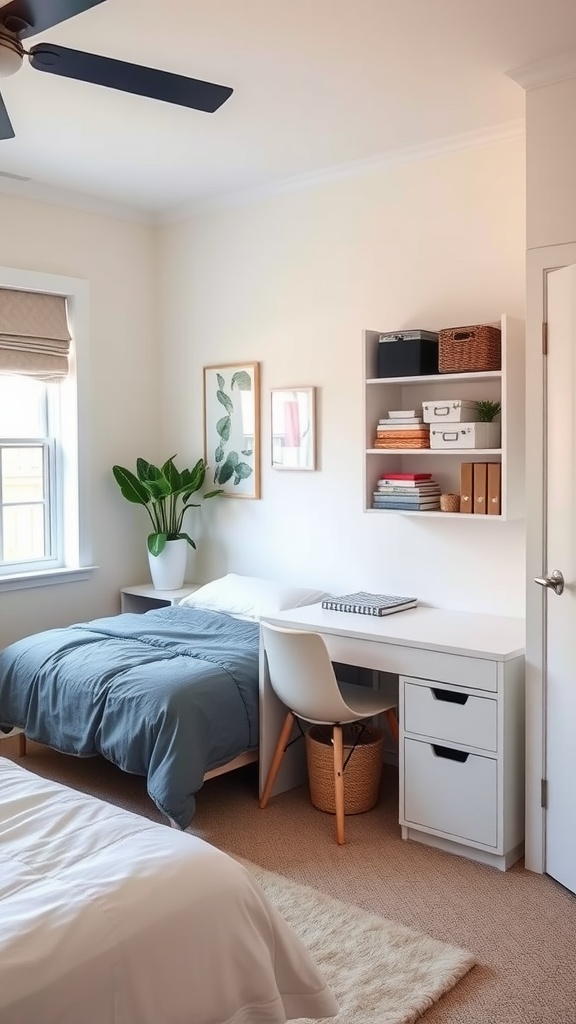 A bright and organized bedroom with a neatly made bed, soft linens, and well-arranged shelves.