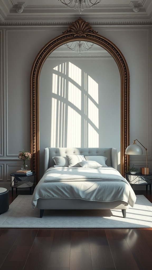 A beautifully decorated bedroom featuring an oversized ornate mirror reflecting natural light.