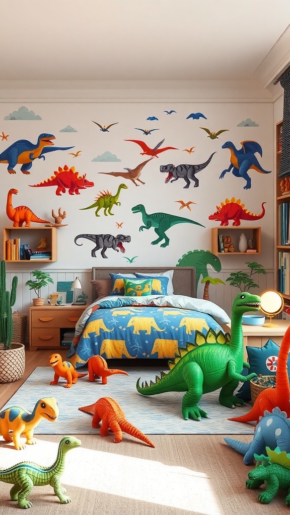 A colorful toddler bedroom decorated with dinosaur motifs, featuring a mural and plush dinosaur toys.