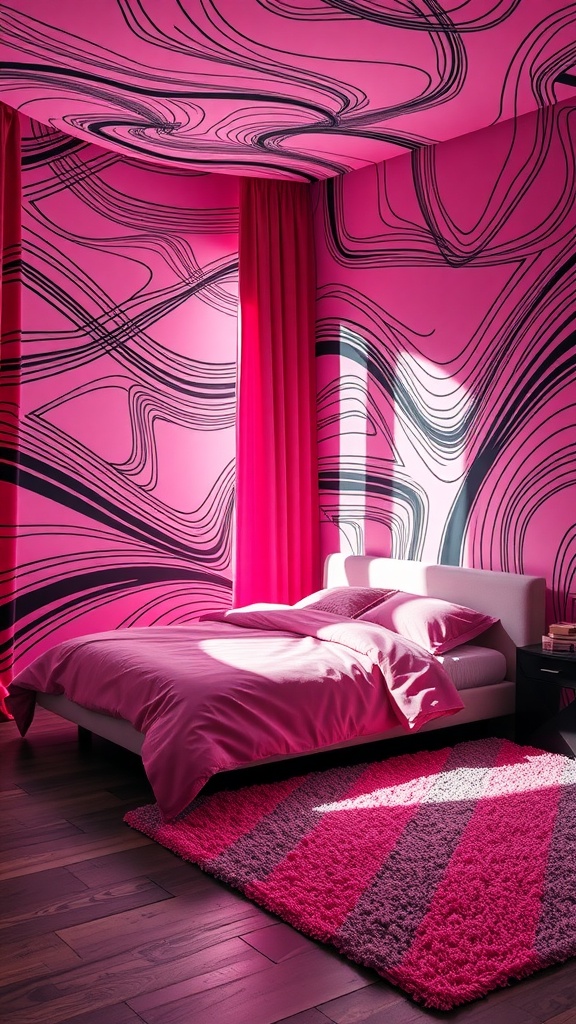 A vibrant pink and black bedroom featuring dynamic line patterns on the walls and stylish textile elements.