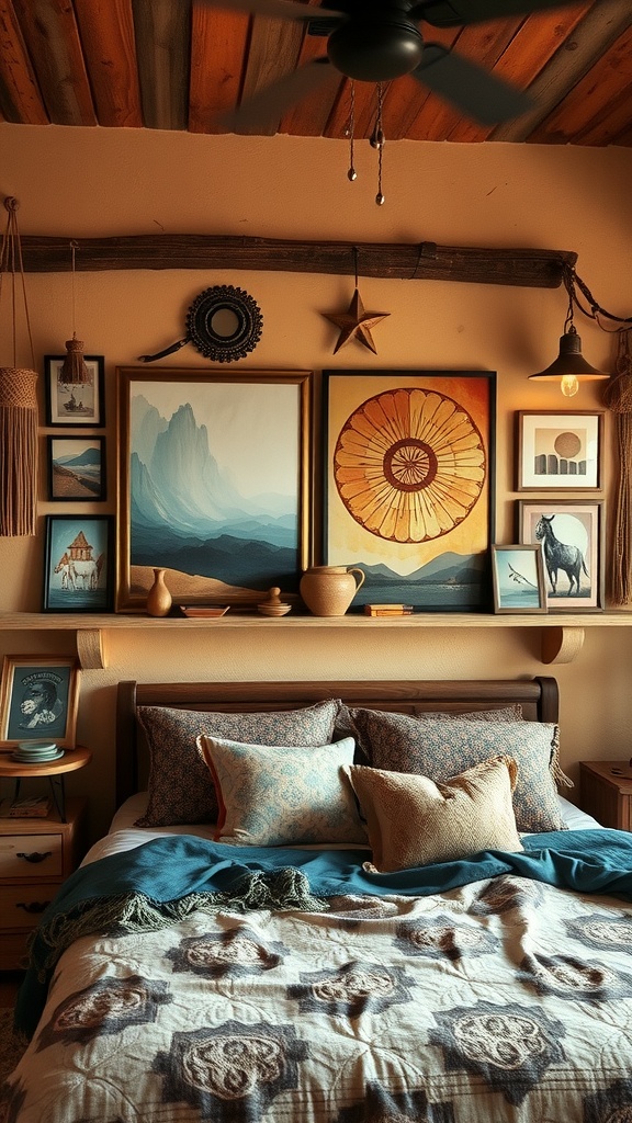 A cozy boho bedroom with a gallery wall filled with eclectic art displays