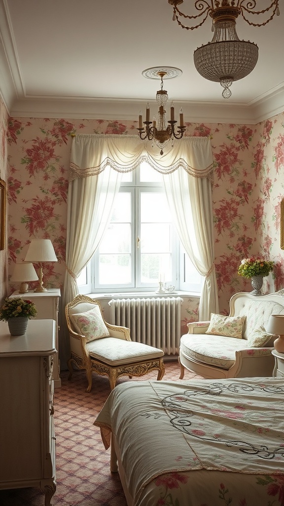 A vintage-style bedroom with floral wallpaper, elegant furniture, and a chandelier.