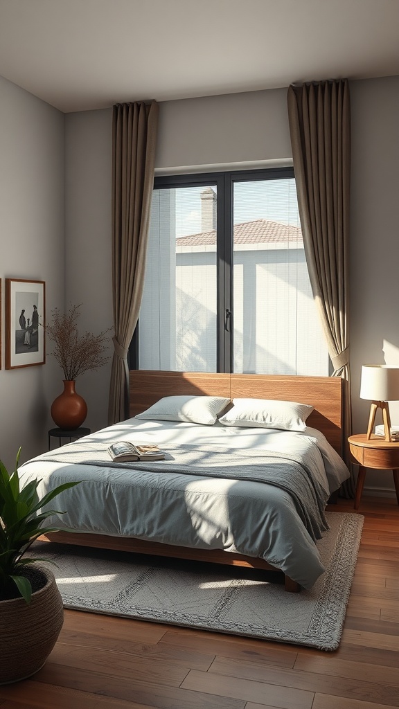 A calming bedroom with light blue bedding, wooden furniture, and natural light filtering through large windows.