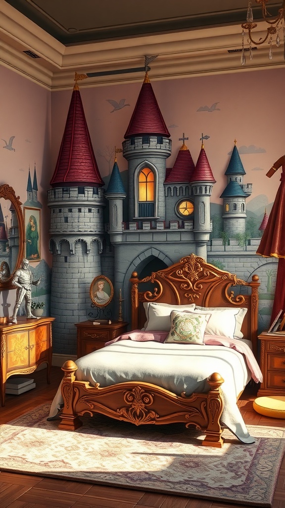 A beautifully decorated toddler boy's bedroom featuring a castle mural, wooden furniture, and cozy bedding.