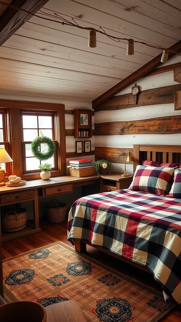 A cozy farmhouse chic bedroom featuring plaid bedding, wooden accents, and natural light.