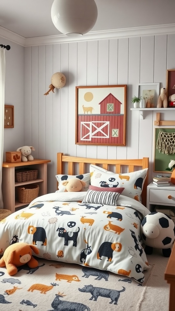 A toddler boy's bedroom featuring farmyard decor with animal-themed bedding and barn artwork.