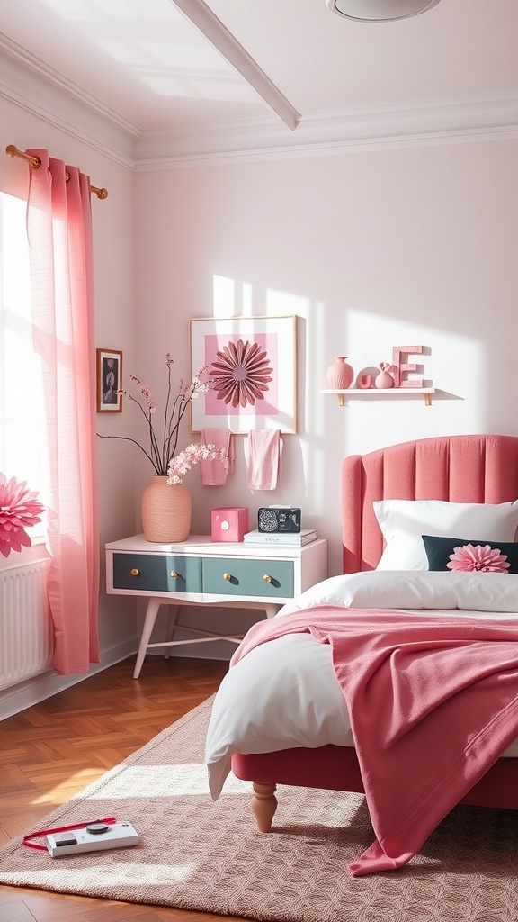 A feminine bedroom featuring pink and black decor, with floral accents and stylish accessories.