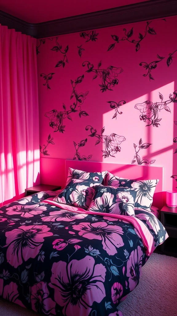 A pink bedroom featuring a floral pattern on the walls and bedding