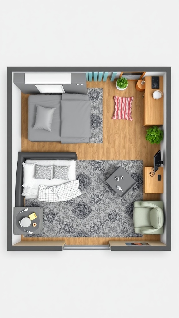 A stylish bedroom featuring a functional layout with a bed, workspace, plants, and a cozy seating area.