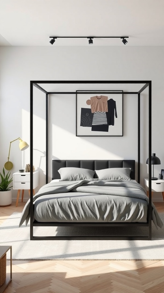 Stylish black bedframe in a modern bedroom with workspace integration