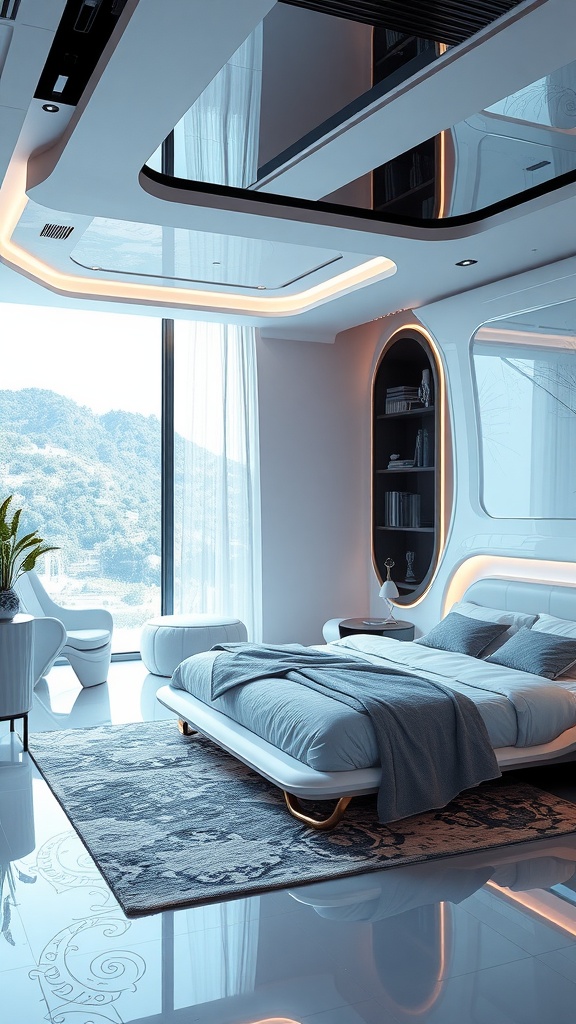 A futuristic bedroom featuring a unique bed design, large windows, and minimalist furniture.