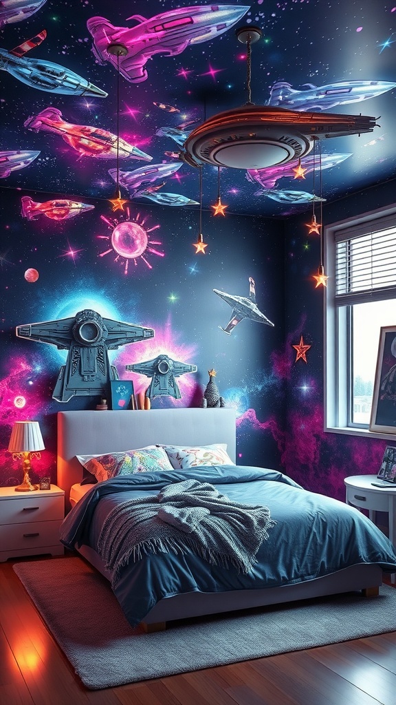 A toddler boy's bedroom featuring galaxy-themed decor with rockets, planets, and stars.