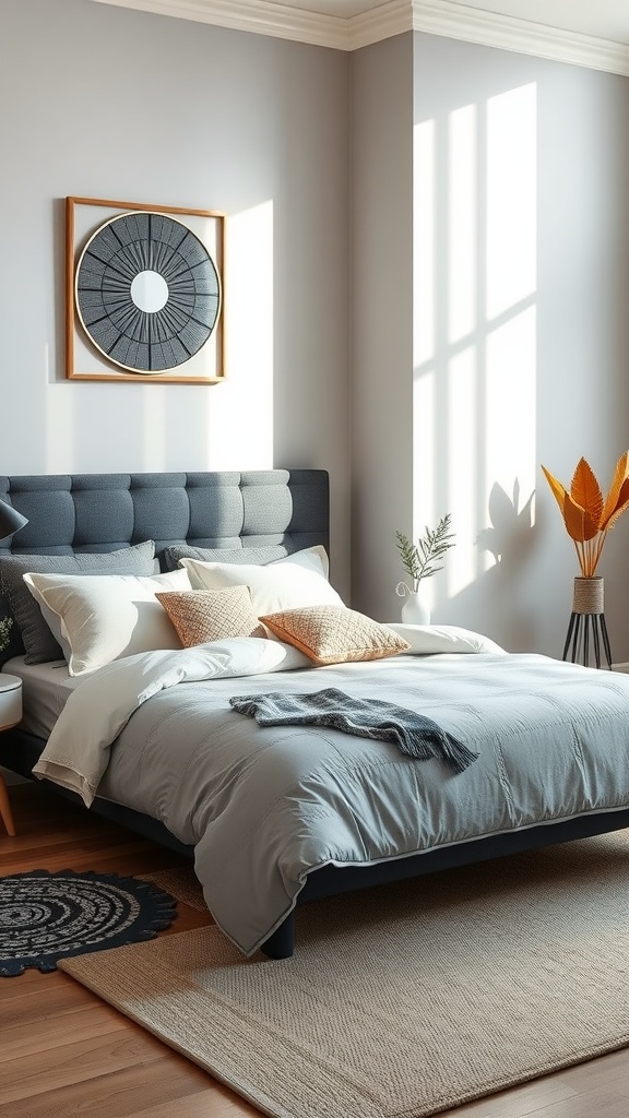 A modern bedroom featuring geometric wall art, gray bedding, and natural elements.