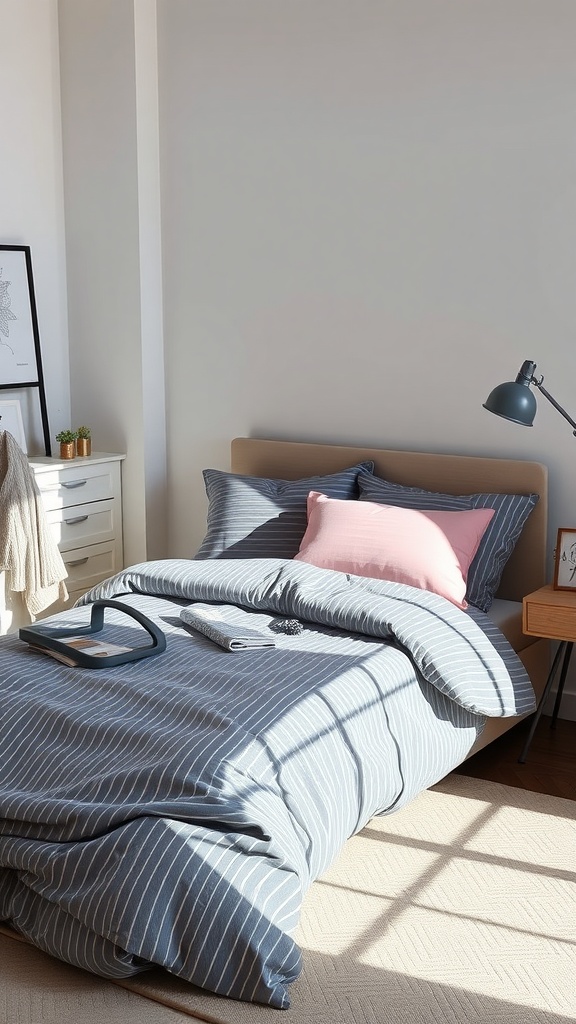 A cozy bedroom featuring grey and pink striped bedding, a bedside table, and natural light.