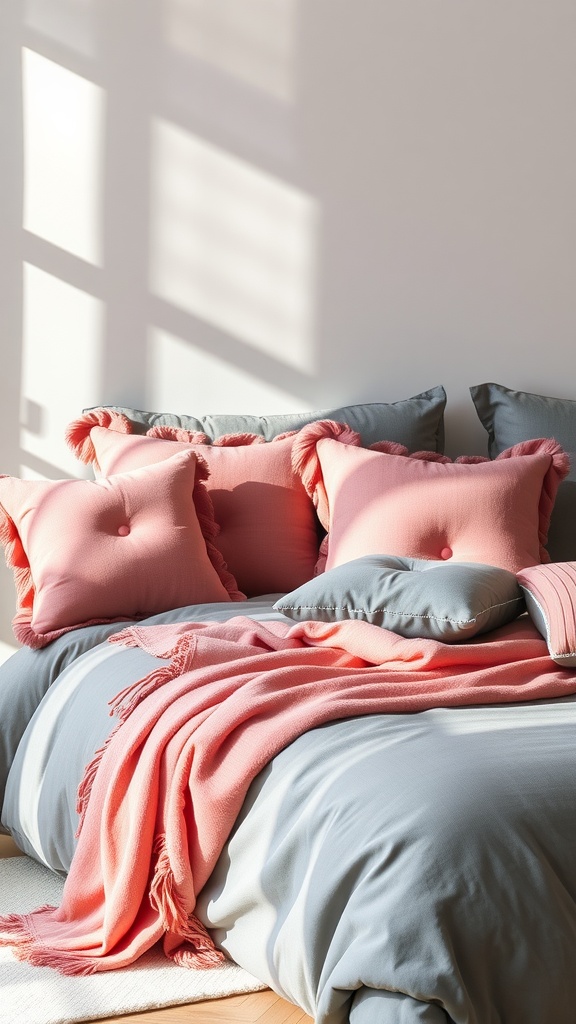 Grey bedding with pink cushions and a pink throw blanket on a bed