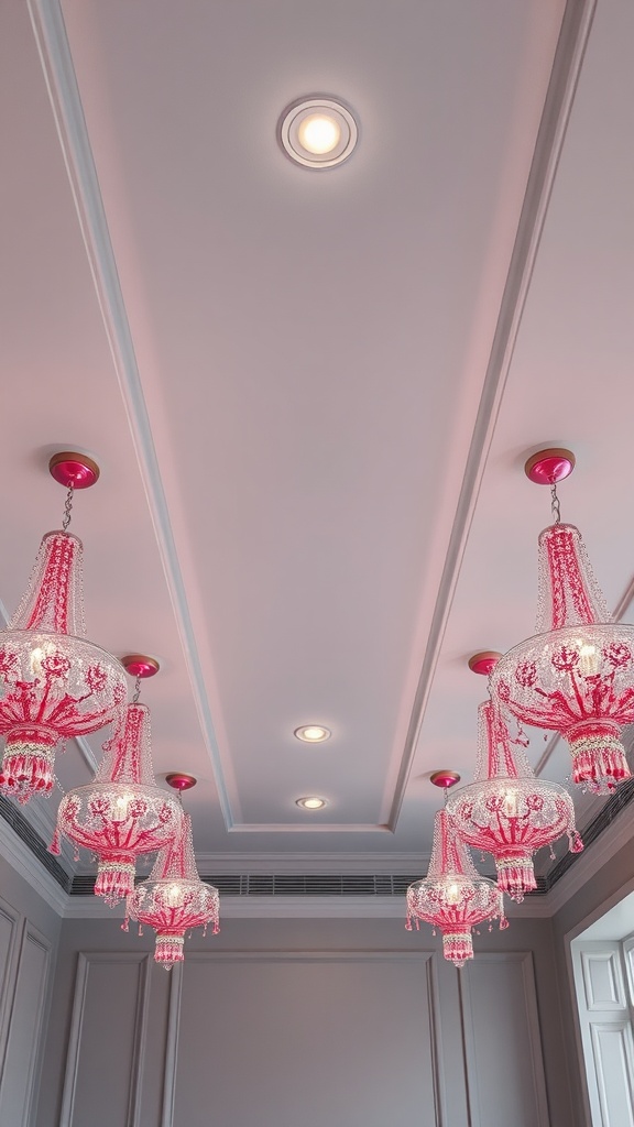 A grey ceiling adorned with pink chandeliers, showcasing a modern and stylish bedroom design.