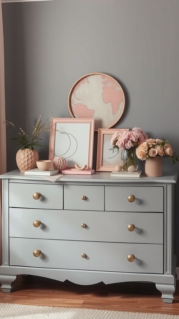 A grey dresser with pink flowers and decorative items on top.