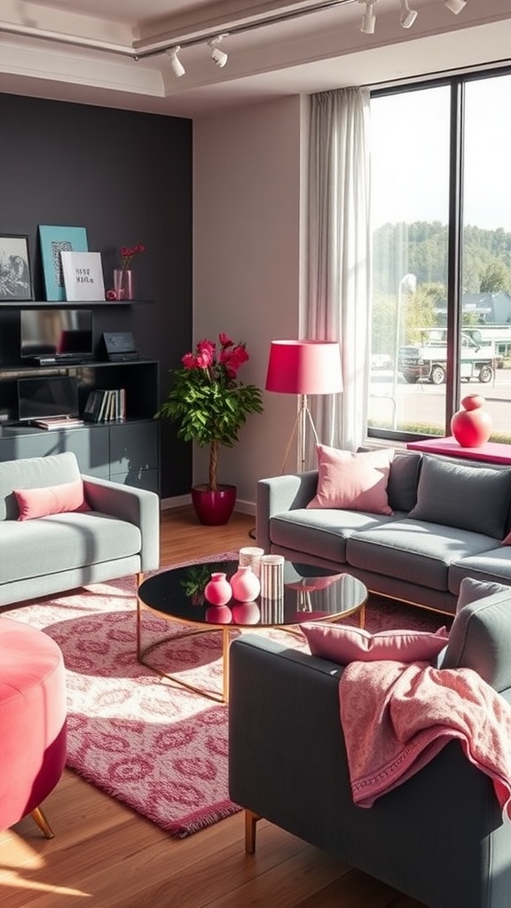 A modern living room featuring grey furniture with pink accessories, including cushions, a rug, and a lamp.