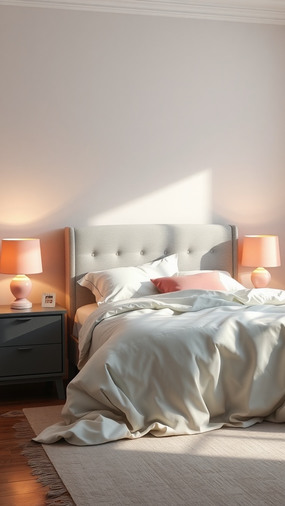 A grey and pink themed bedroom with grey nightstands and pink lamps.