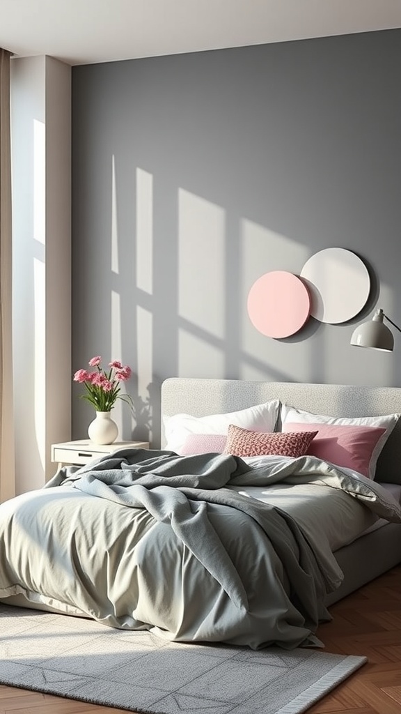 A grey and pink bedroom featuring a grey wall, pink accents, a cozy bed with grey bedding, and a vase of flowers.