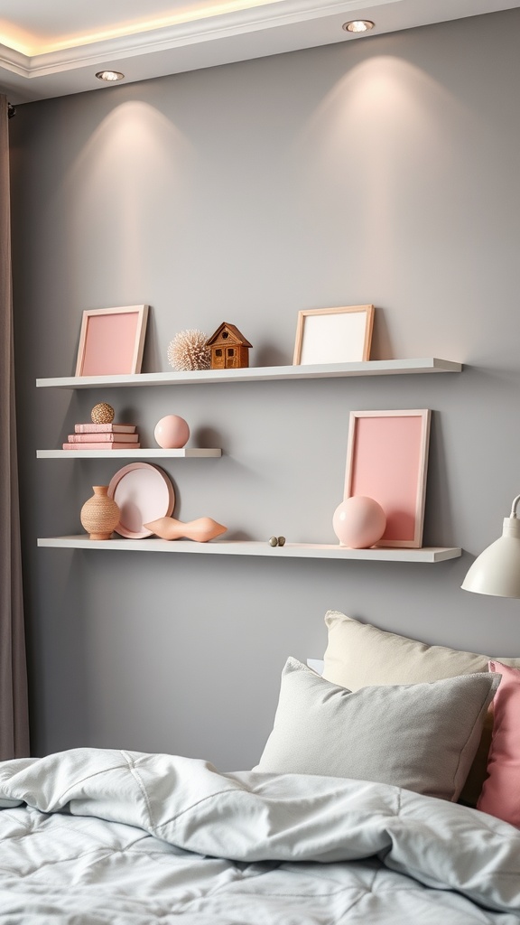 Grey wall shelves decorated with pink items in a cozy bedroom