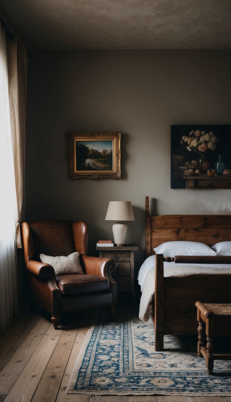 A dimly lit bedroom with rustic wooden furniture, a worn leather armchair, and a hanging on the wall