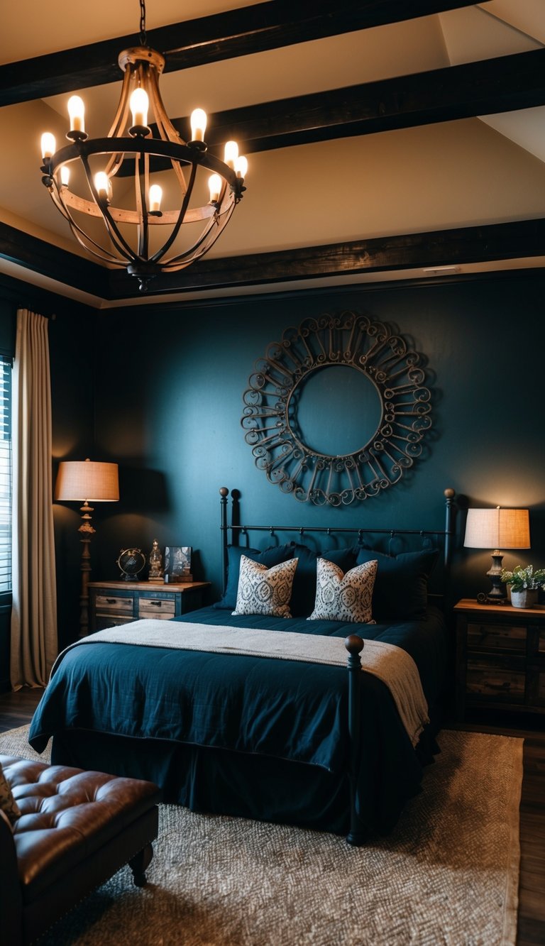 Rustic Wrought Iron Decor in a dark western luxury bedroom