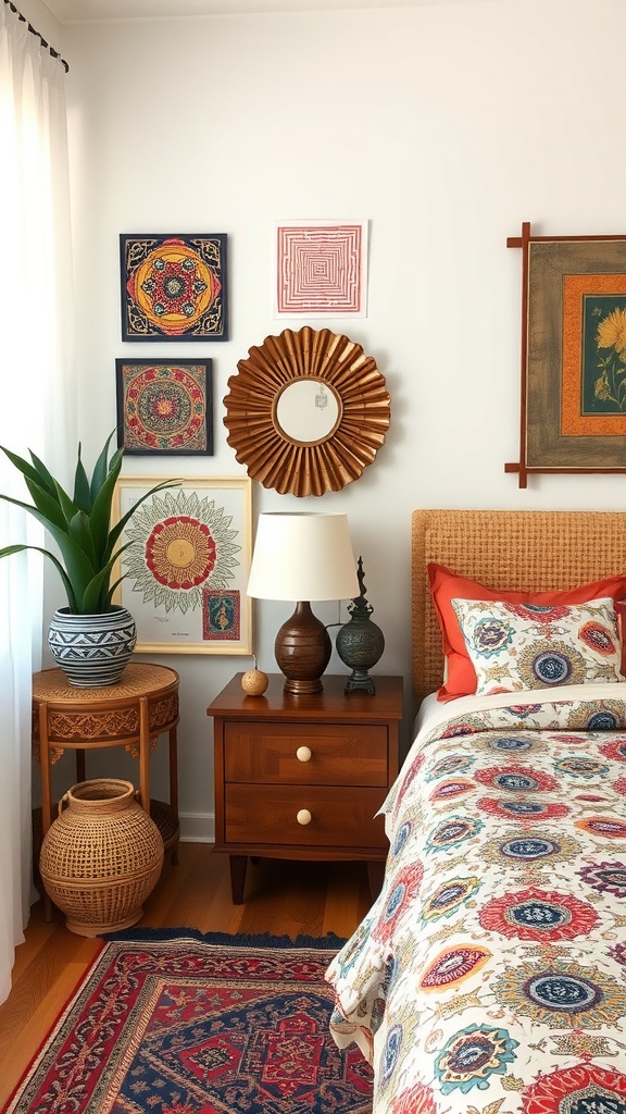 A cozy bedroom featuring cultural decor elements, including framed artwork, a vibrant throw blanket, and potted plants.