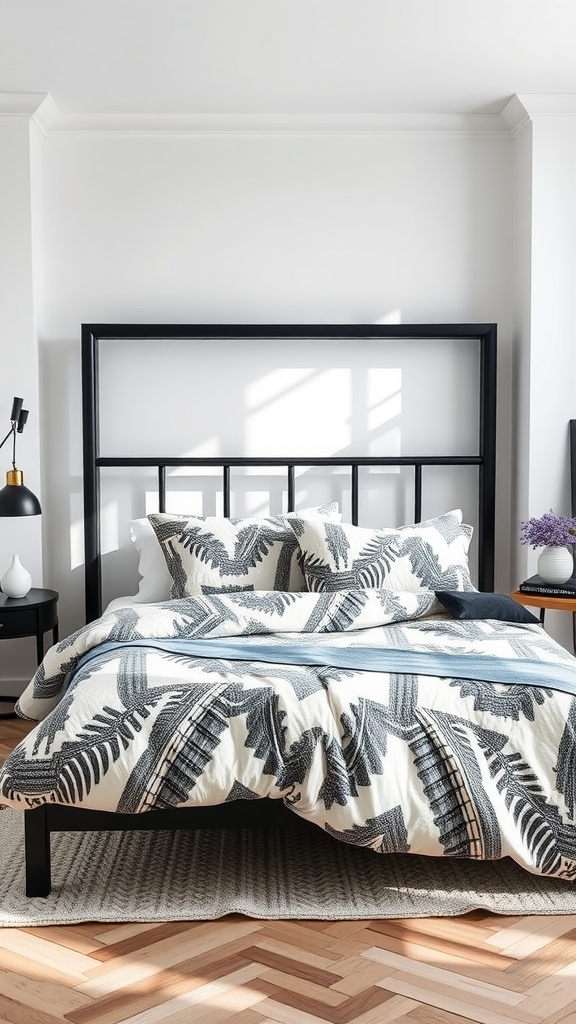 Stylish bedroom with a black bedframe and geometric patterned bedding