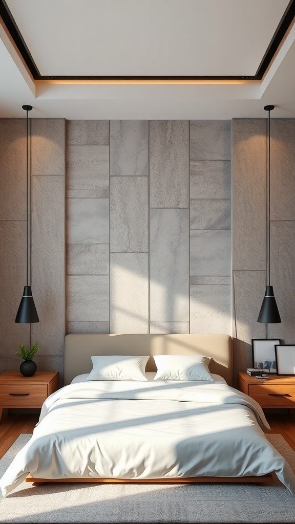 Modern bedroom with textured wall panels and stylish decor.