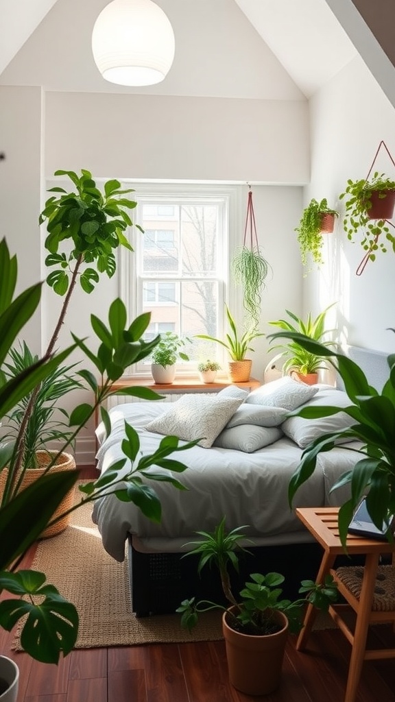 A bright bedroom with various indoor plants, featuring a bed, window, and wooden elements.