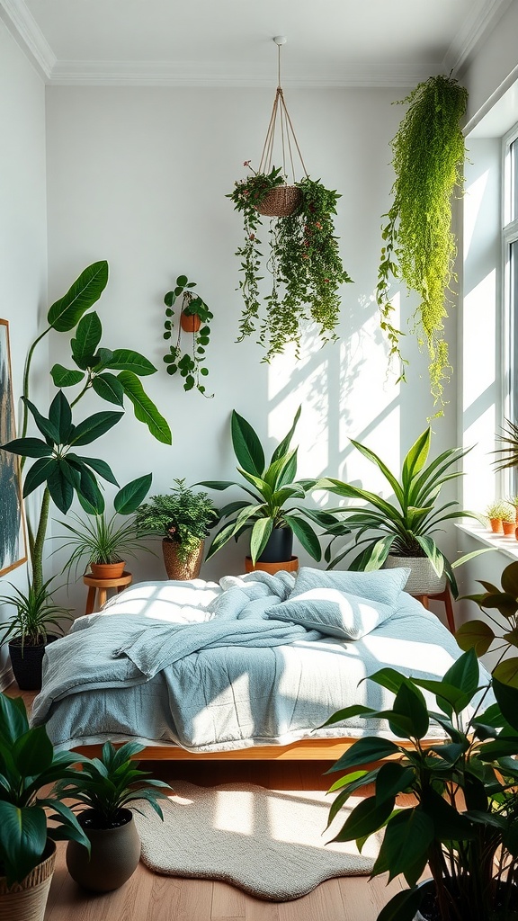 Cozy bedroom filled with various indoor plants, showcasing a fresh and inviting atmosphere.