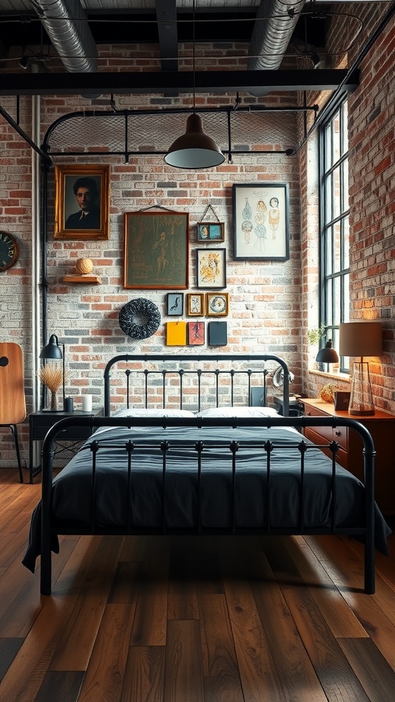 Stylish industrial chic bedroom with a black metal bedframe and exposed brick wall