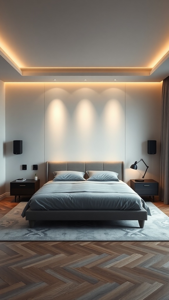 A modern bedroom featuring ambient lighting, a bed with soft linens, and smart technology for a cozy atmosphere.