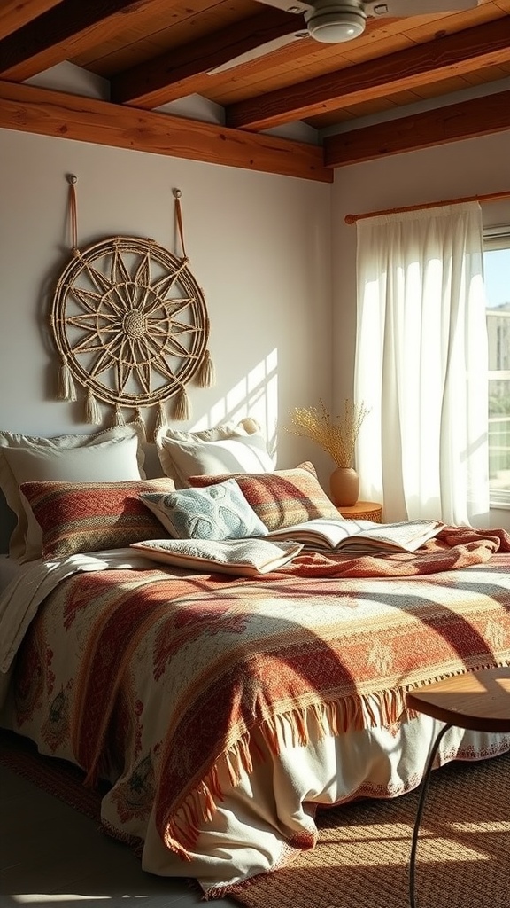 A cozy Western boho bedroom featuring layered bedding with warm colors and a woven wall hanging.