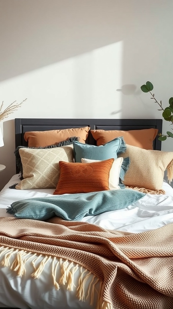 Cozy bed with layered bedding, colorful pillows, and a soft throw blanket.