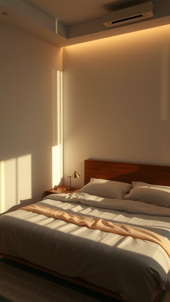 A well-lit bedroom with a warm ambiance, showcasing layered lighting.