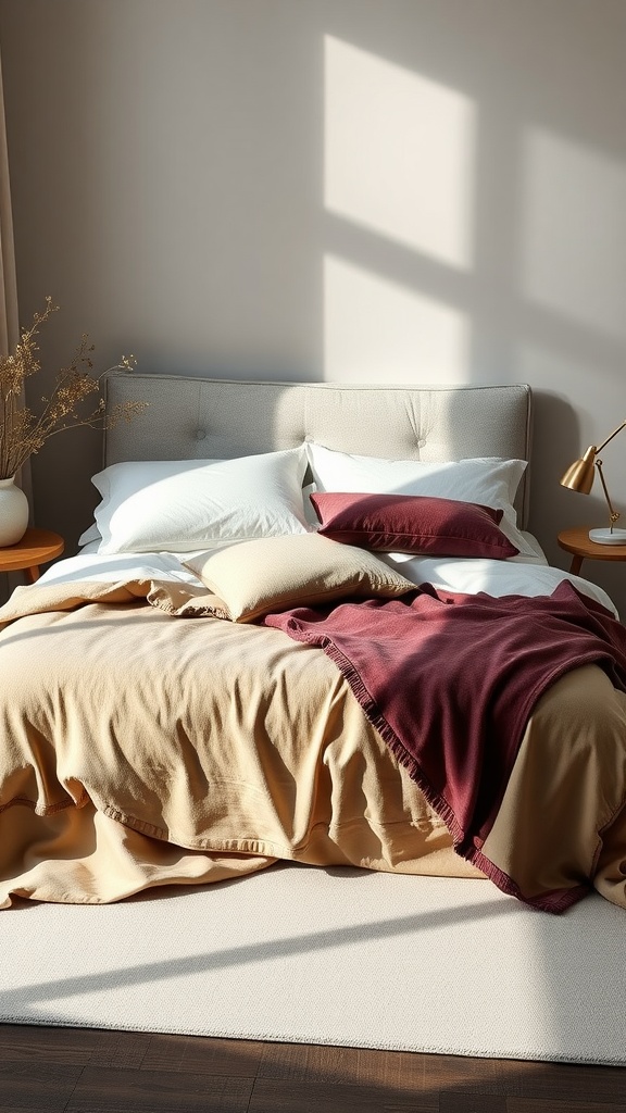 A cozy bed with layered textiles in soft beige and deep burgundy, featuring various pillows and a throw blanket.