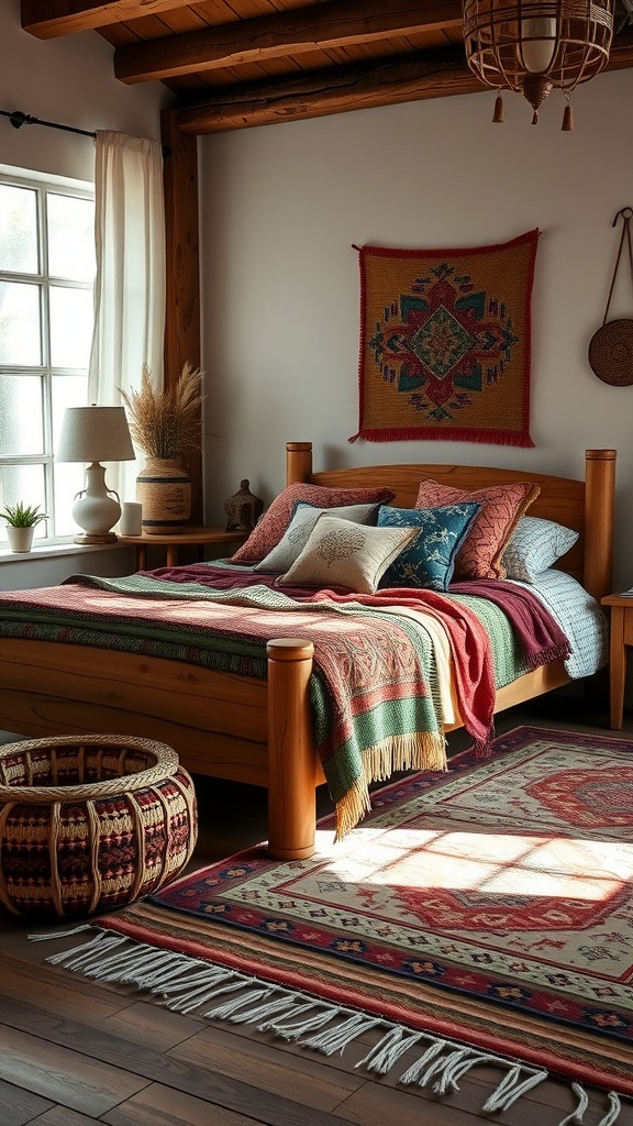 A cozy Western boho bedroom with layered textiles, featuring a bed adorned with colorful blankets and pillows, a woven wall hanging, and a patterned rug.