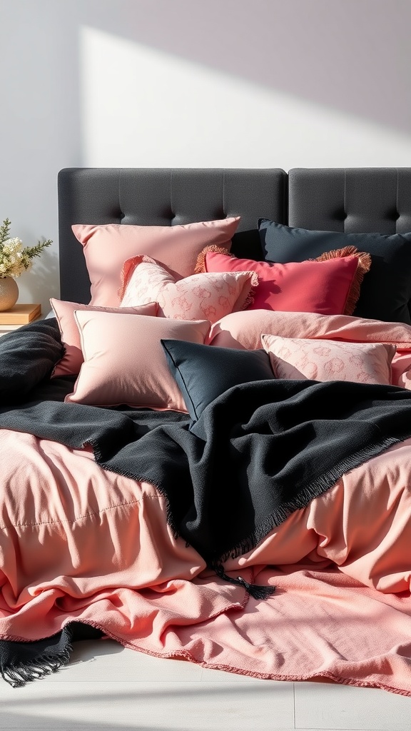 A bed with layered pink and black cushions and throws creating a cozy atmosphere.