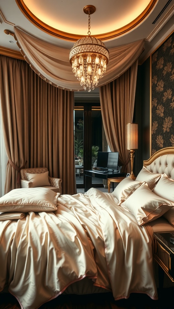 Luxurious bedroom featuring silk bedding, elegant drapes, and a chandelier.