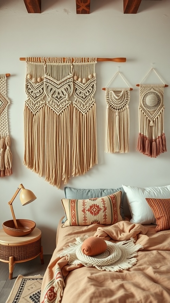 A beautifully styled bedroom featuring macramé wall hangings, a wooden bed, and warm-toned decor.