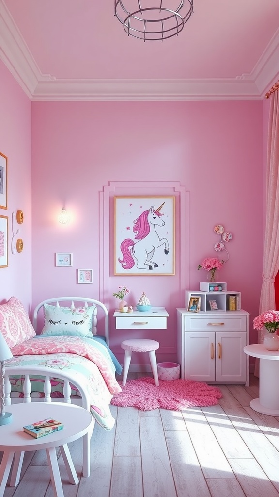 A toddler boy bedroom designed with a unicorn theme, featuring pink walls, a cozy bed, and playful decor.